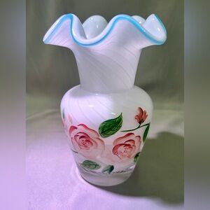 Vintage Teleflora Swirl Art Glass Vase Hand Painted Aqua Blue Crest 5.5"